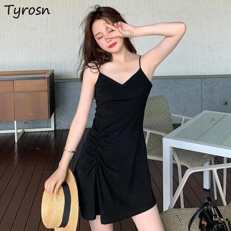 

Mini Dresses Women Spaghetti Strap Solid Shirring Ruffles Elegant Sweet Girls V-neck Hot Temperament Slim A-line S-3XL Clothing