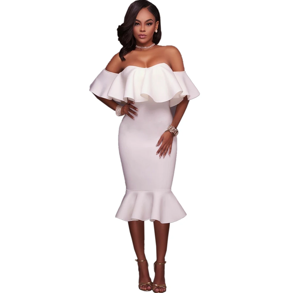 

Szkzk Off The Shoulder Ruffle Bodycon Midi Dress Women Slash Neck African Woman Night Club Wear Party Sexy Black White Dresses