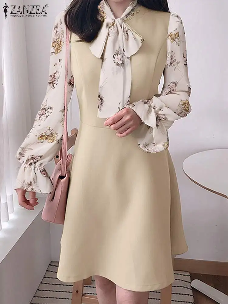 

Женское Короткое платье ZANZEA с цветочным принтом и пышными рукавами, элегантное мини-платье с завязкой на шее, офисное женское лоскутное платье-трапеция с поясом, 2023