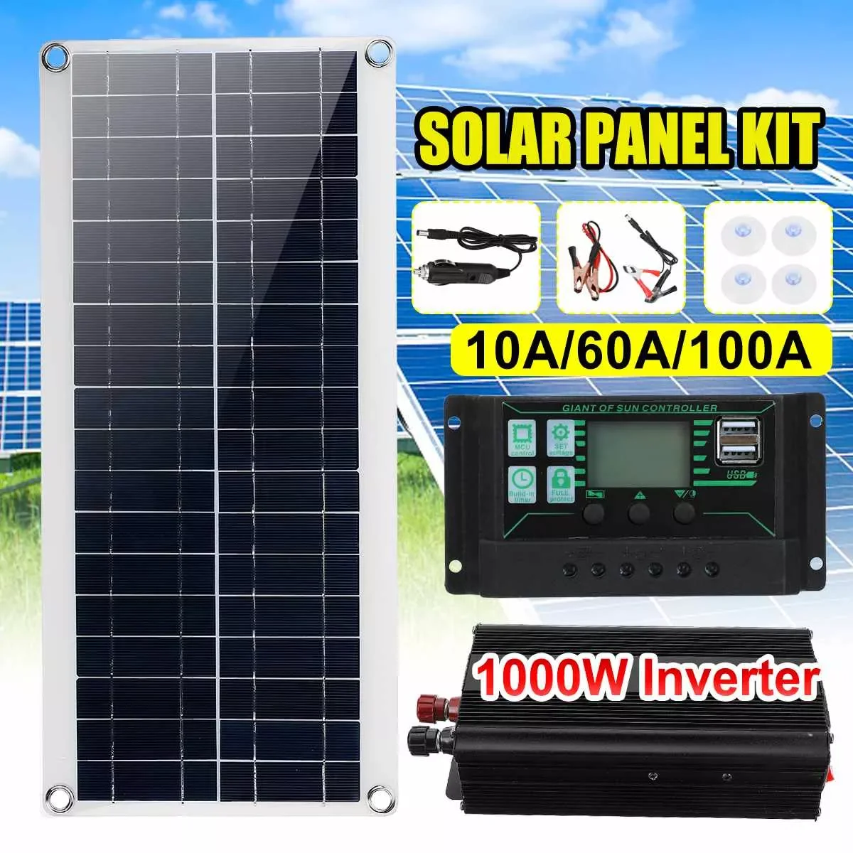 

1000W 12V Solar Panel Inverter Solar Panel System Kit Car Van Boat Camper Battery Charger+1000W Inverter Controller 10A/60A/100A