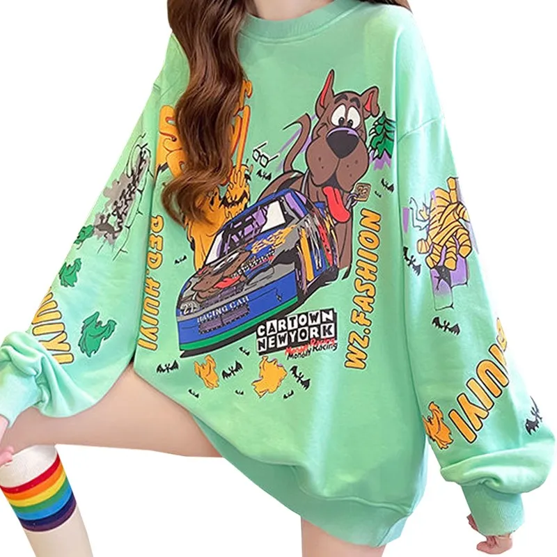 

Весенне-осенняя тонкая свободная одежда с мультяшным принтом озорный щенок и машина Студенческая одежда для девушек Свитшот женский новый пуловер