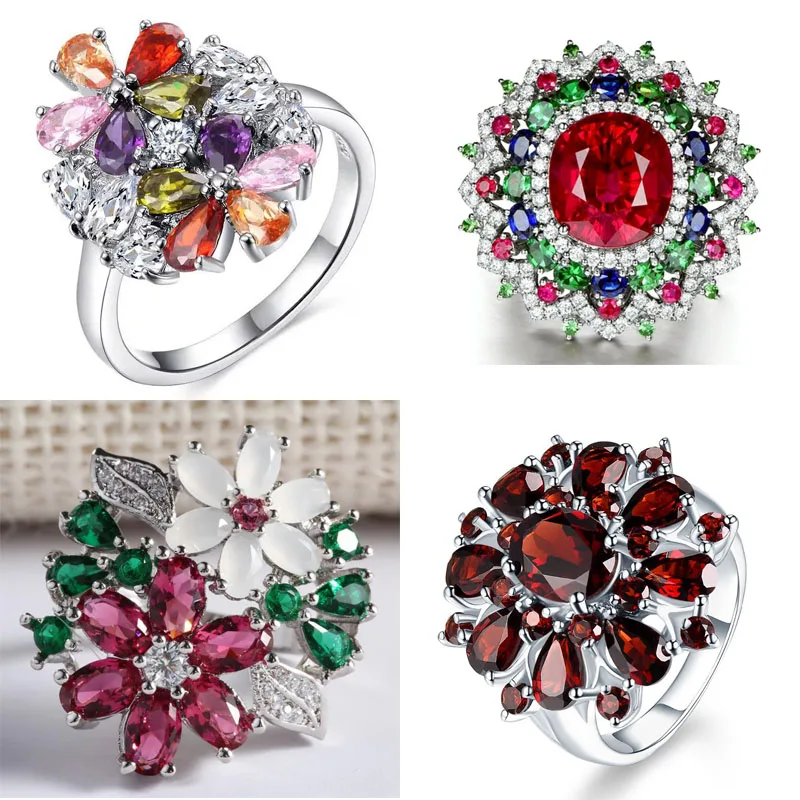 

Trendy Flower Ring Girl Exquisite Colorful Cubic Zircon Flower Engagement Ring For Women Party Jewelry Accessories Size 6-10