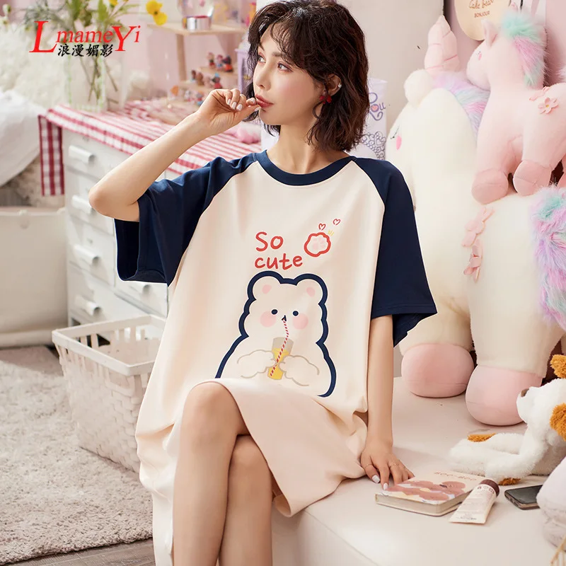 Summer New Pajamas for Women's White Bear Sweet and Cute Soft Short-sleeved Nightgowns Plus Size Sleepwear Breathable Loungewear
