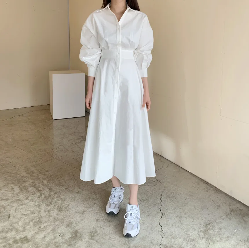 

Платье-рубашка с отложным воротником, однорядное приталенное длинное платье с рукавами-фонариками и отложным воротником, весна 2023