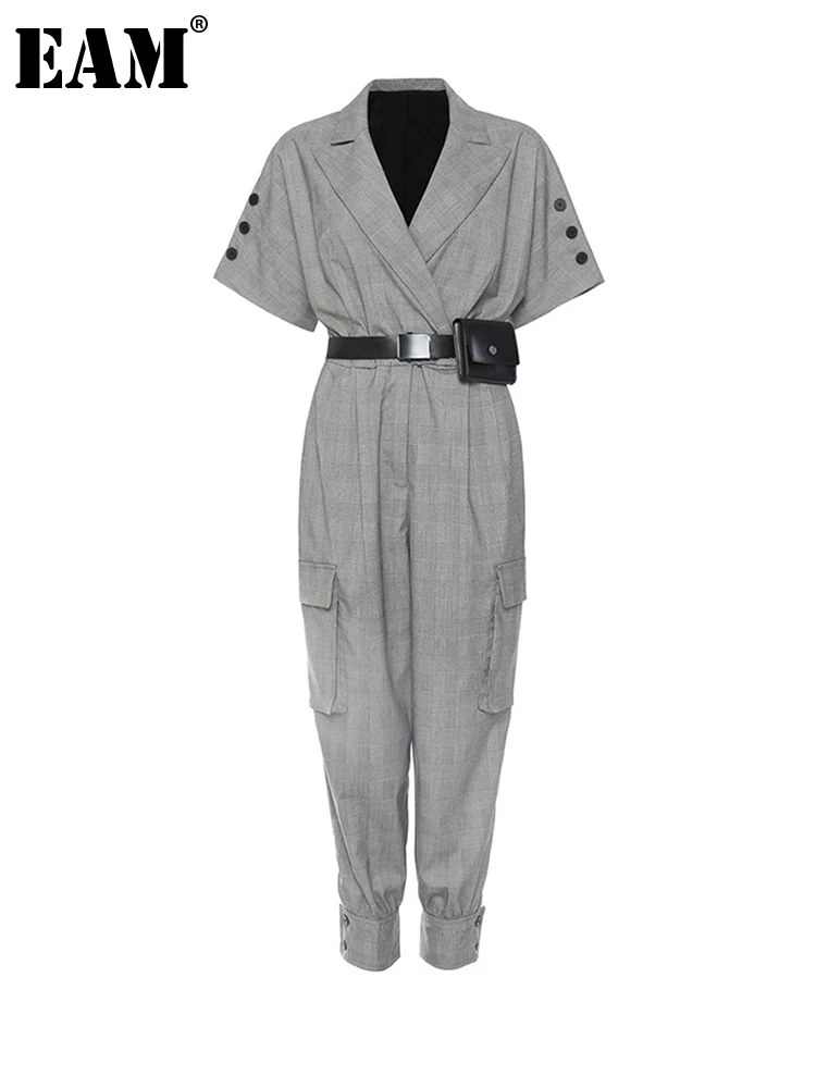 

[EAM] Loose Fit Women Gray Plaid Belted Jumpsuit New High Waist Pocket Stitch Pants Fashion Tide Spring Autumn 2022 1DE3928