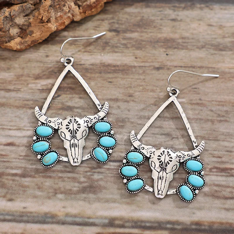 

Vintage Western Style Turquoise Longhorn Earrings Western Horse Cow Cattle Cowgirl Country Earrings with Stone Bohemian Accessor