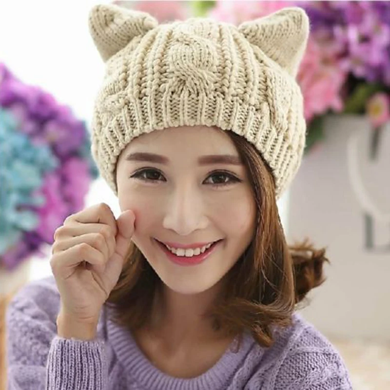 

Lovely Cat Ears Knitted Hat Women Solid Color Winter Warm Hats Lady Kawaii Winter Beanies Casual Wool Caps