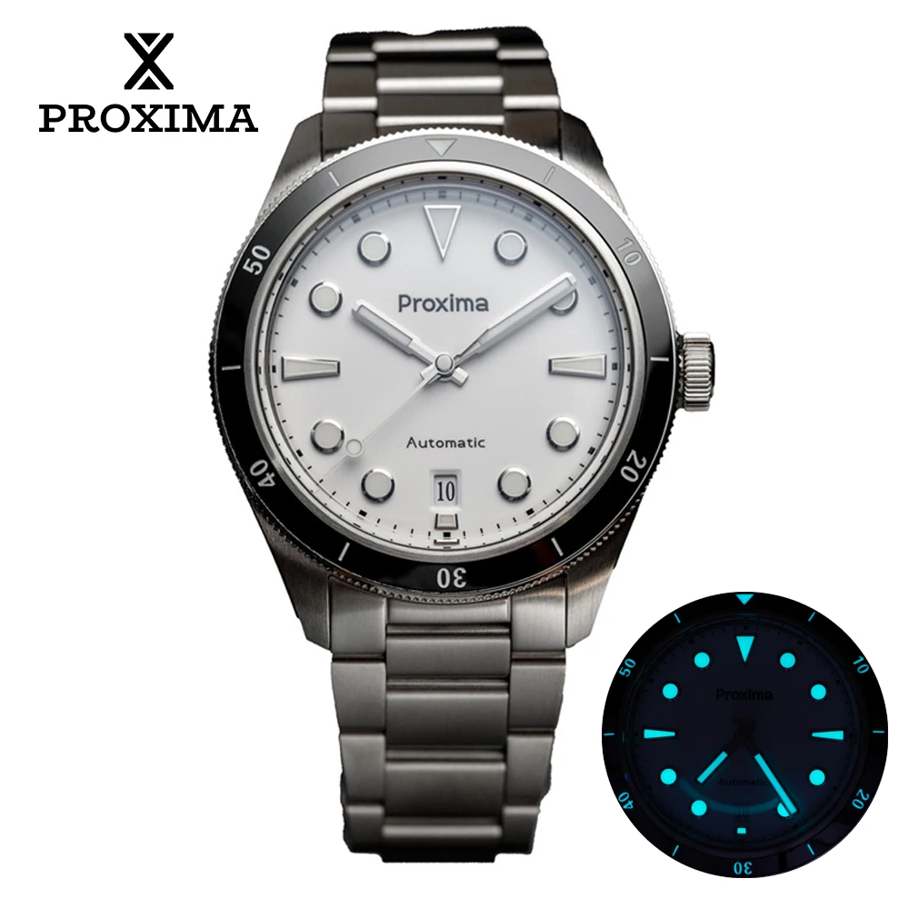 Часы мужские с белым Эмалевым циферблатом и сапфировым пузырьком 39 мм 20 бар -