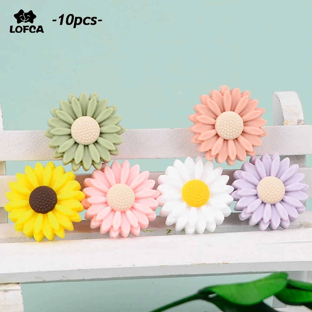 LOFCA 10 Pcs Sunflower Daisy Silicone Beads 30mm BPA Free Soft Chew Organic Molar Beads Necklace Baby Tooth Toy DIY Chain