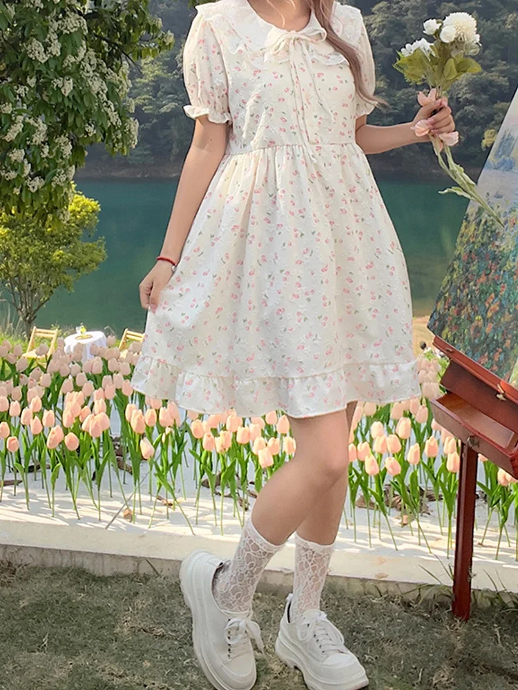 

Japanese Elegant Floral Printing Mori Girl Women Dress Summer Sweet Princess Dress Peter Pan Collar Kawaii Ruffles Mini Dresses