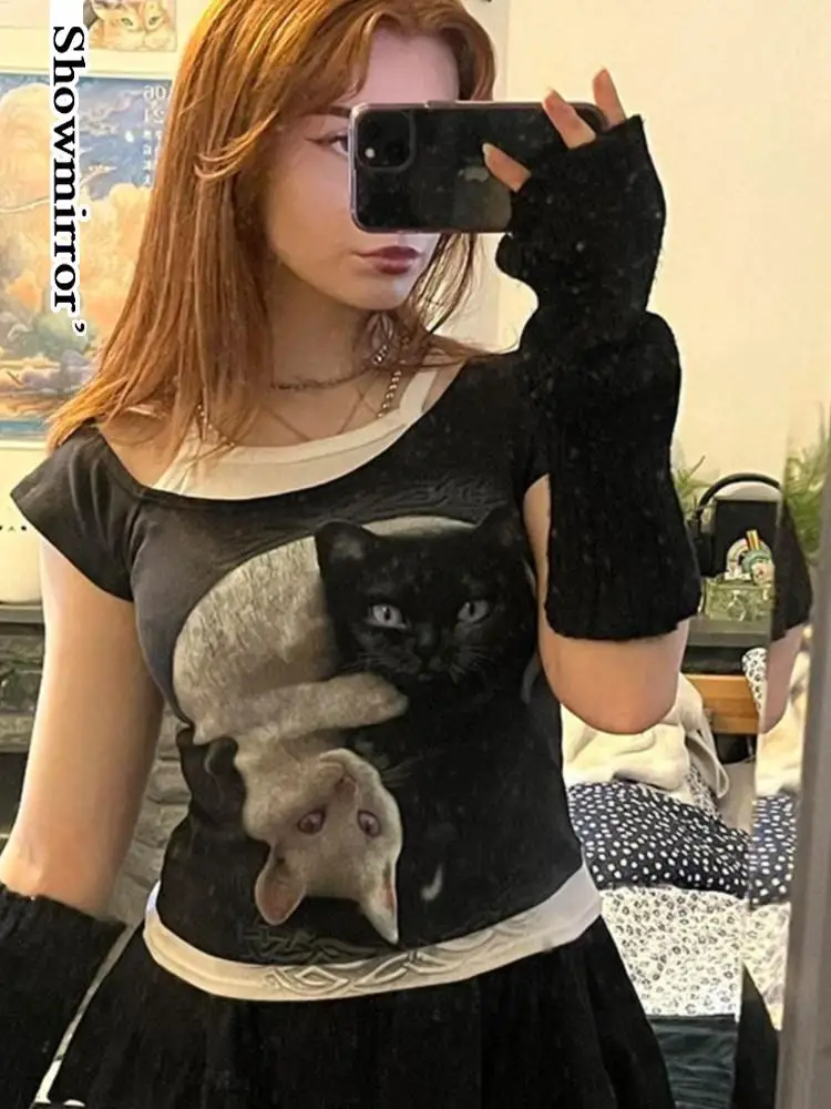 

Футболка Y2k с принтом милых кошек тысячелетия, футболка для женщин, летний укороченный топ, футболка, кроп-топ, женские футболки, одежда для женщин