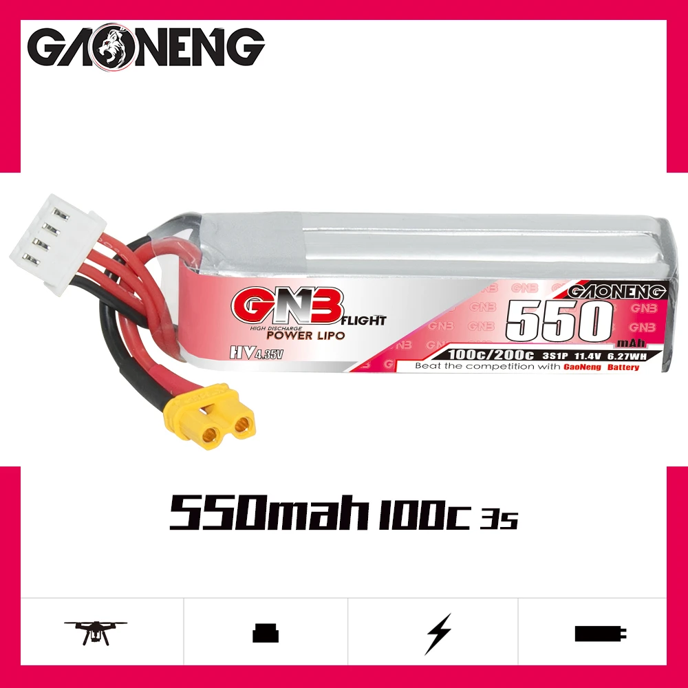 

2PCS Gaoneng GNB 550mAh 3S1P 11.4V 100C HV Lipo Battery With XT30 Plug For FPV Racing Drone Four Axis UAV RC Quadcopter Parts
