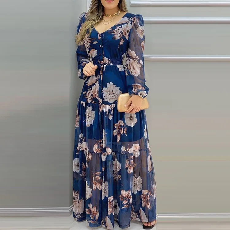 

Femininity New Dress Women 2021 Summer Fashion V-neck Printing Waist Slimming Mesh Dresses