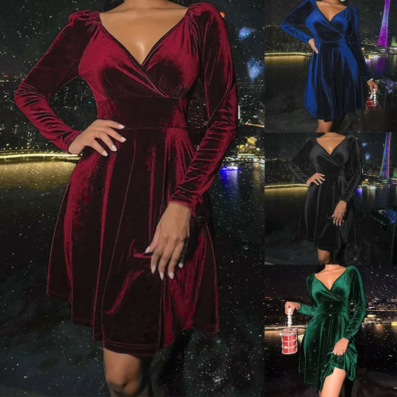 

Autumn Winter Deep V Neck Long Sleeve Women's Dress New Fashion Solid Loose Ladies Mini Dress Vestidos