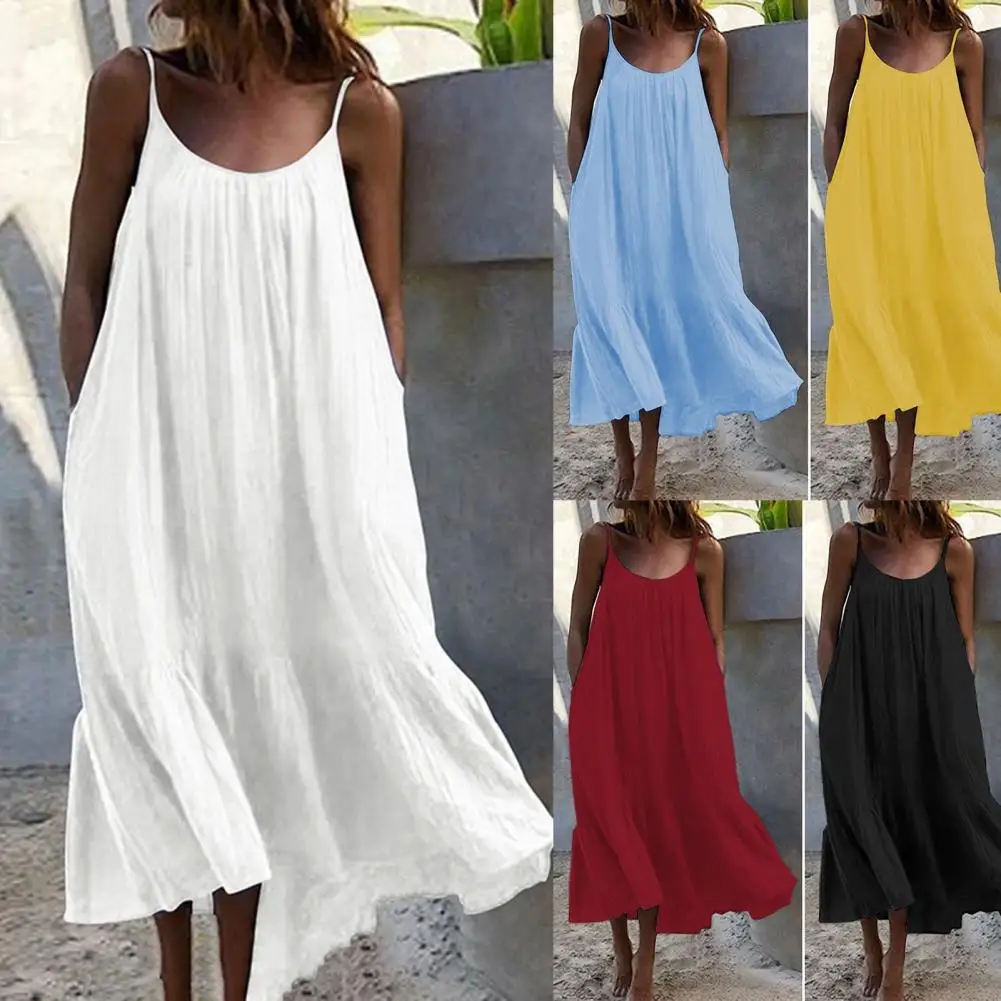 

Summer Dress Low Round Neck Loose Casual Women Sling Solid Color Dress for Beach