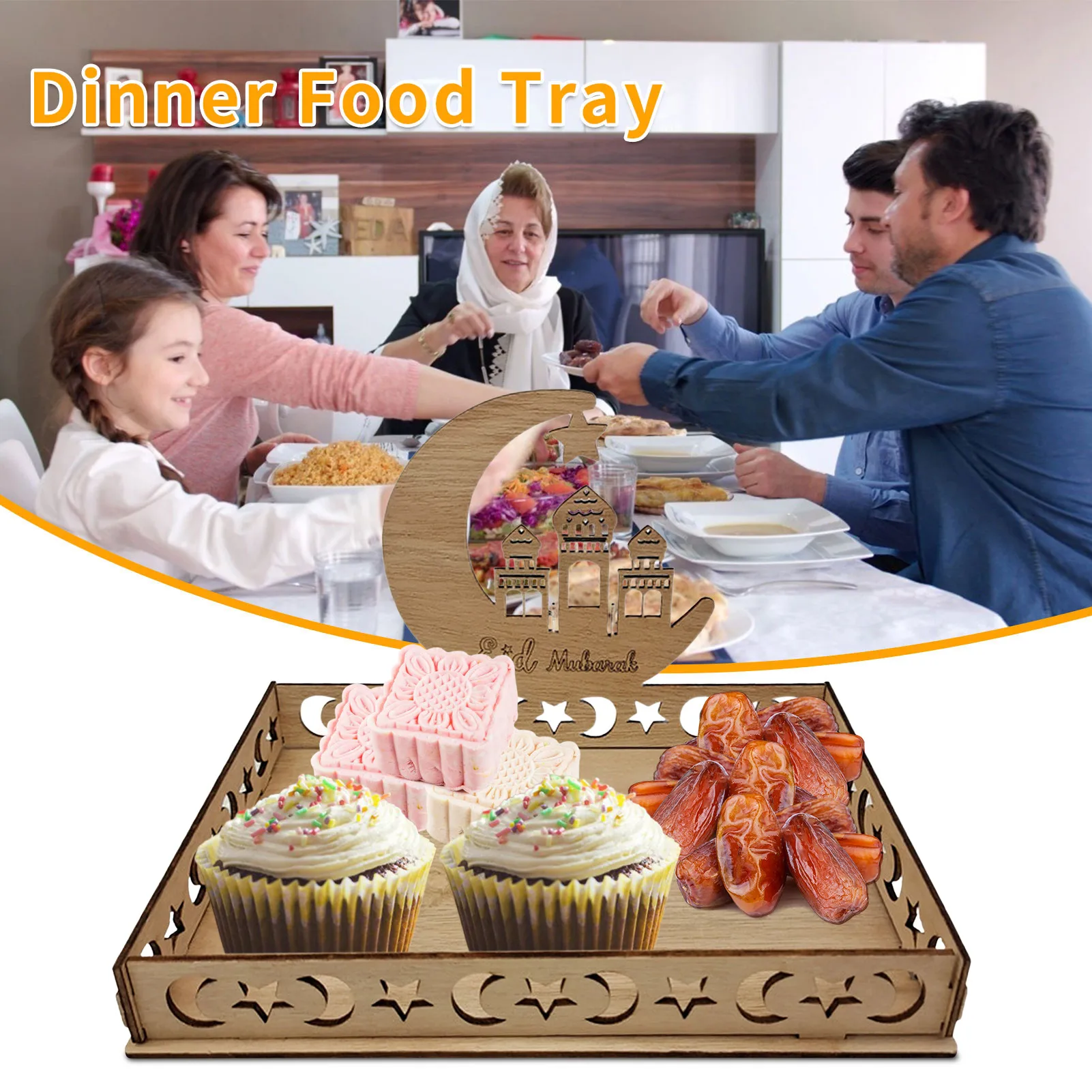

Деревянный поднос для десертов Eid Mubarak, квадратный полумесяц, поднос для сервировки еды, десертов, тортов, кондитерских изделий, подставка дл...