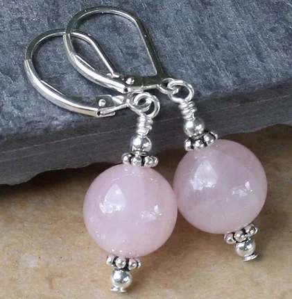 

Бесплатная доставка, модные серьги-подвески ручной работы с круглыми бусинами из розового кварца и стерлингового серебра