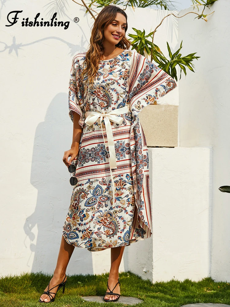 

Fitshinling Print Vintage Summer Dress Beach Pareo With Sashes Slim Oversize Outfits Bohemian Kaftans For Women Outing Holiday