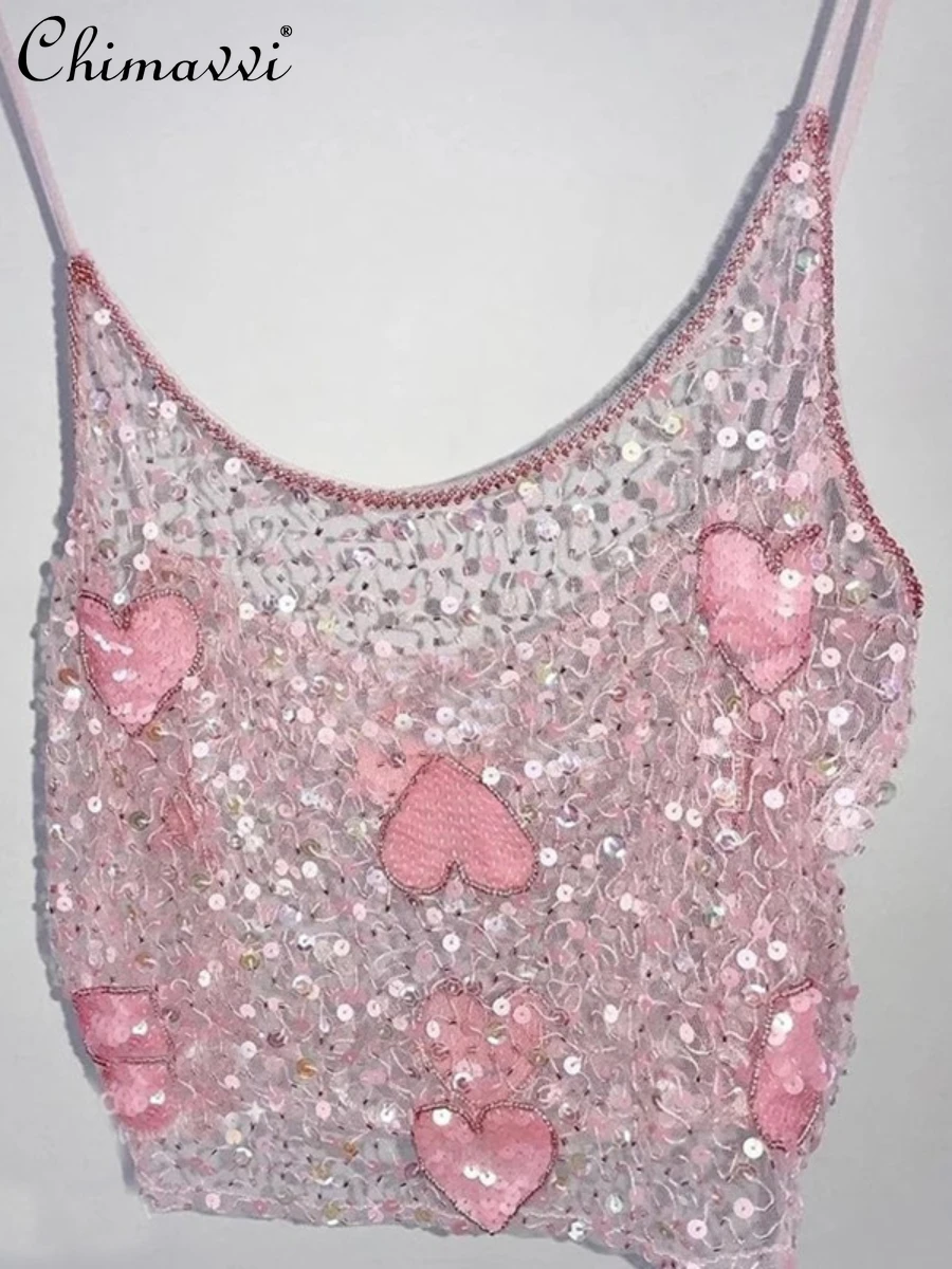 

Summer 2022 New Love Pink Sequin Pullover Top Women's Fashion All-Match round Neck Lace Slim fit Camisole for Ladies