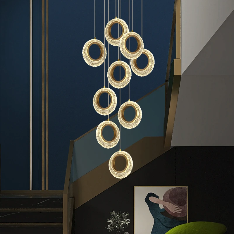 

Chandelier Led Art Pendant Lamp Light Room Decor Christmas Decoration Copper Stair Villa Spiral Staircase Ring Long Loft