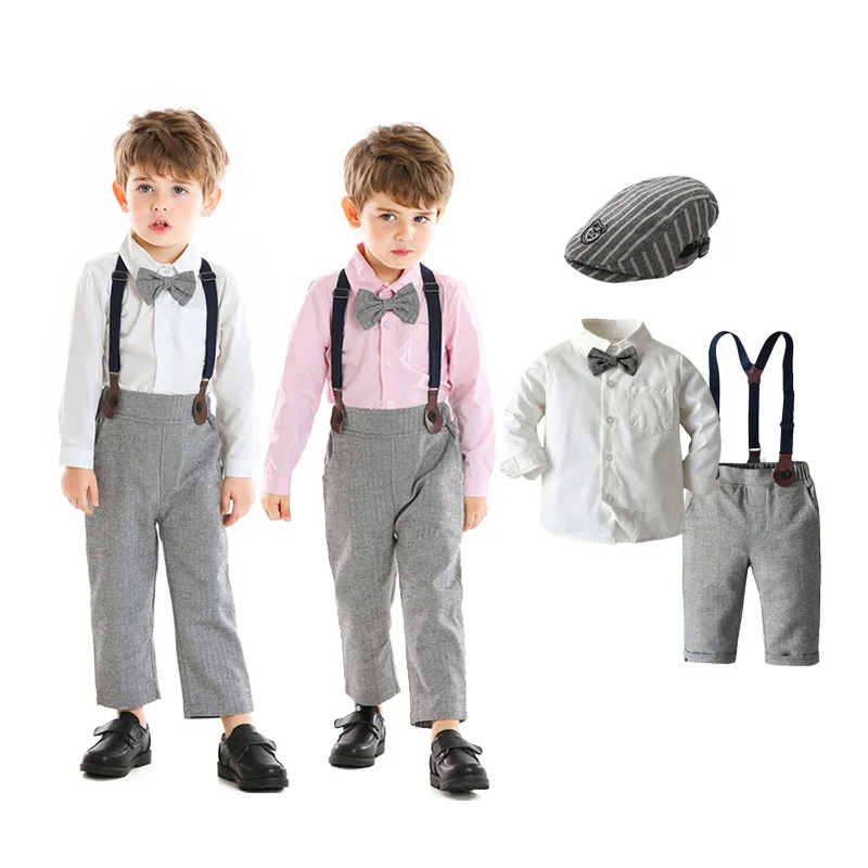 Boys Clothes Kids Baby  Boy Birthday Gentleman Long Sleeve Blouse Shirt Tops with Suspender Pants Formal Wedding Suit