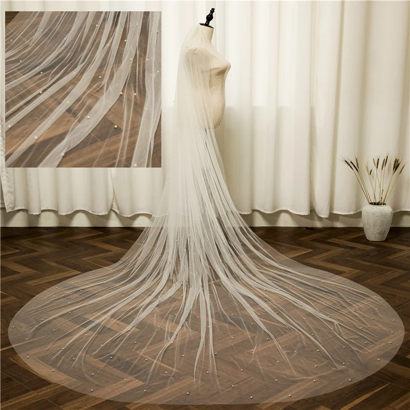 

Beautiful New White Ivory Mariage Voile Length 300cm Cut Edge Wedding Veil With Pearls Metal Comb Long Bridal Veil