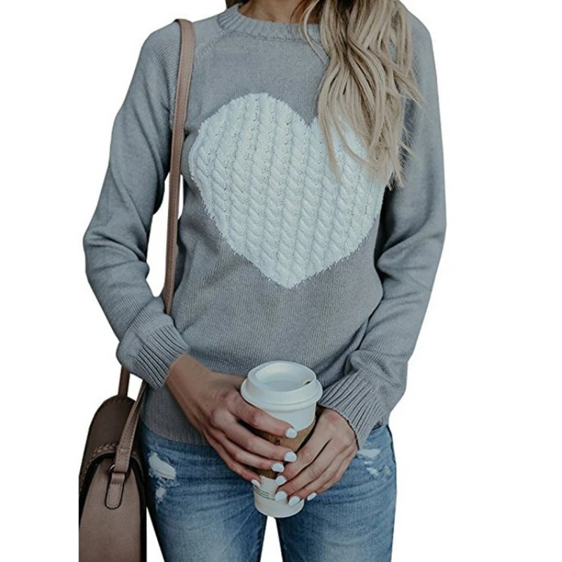 

New Ladies Autumn and Winter Casual Patchwork Pullover Sweater Knit Sweater Long Sleeve Love Sweater Women