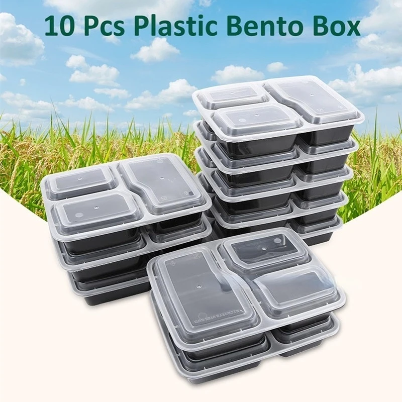 10 Pcs Plastic Reusable Bento Box Meal Storage Food Prep Lunch Box 3 Compartment Reusable Microwavable Containers Home Lunchbox images - 6