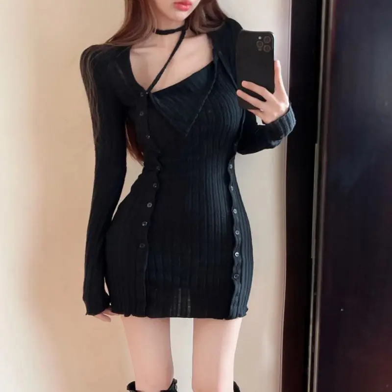 

Autumn Winter Irregular Knit Dress for Women Sexy Fashion New Collar Show Slim Waist Dresses Ins Korean Button Vestido Y2K 2023