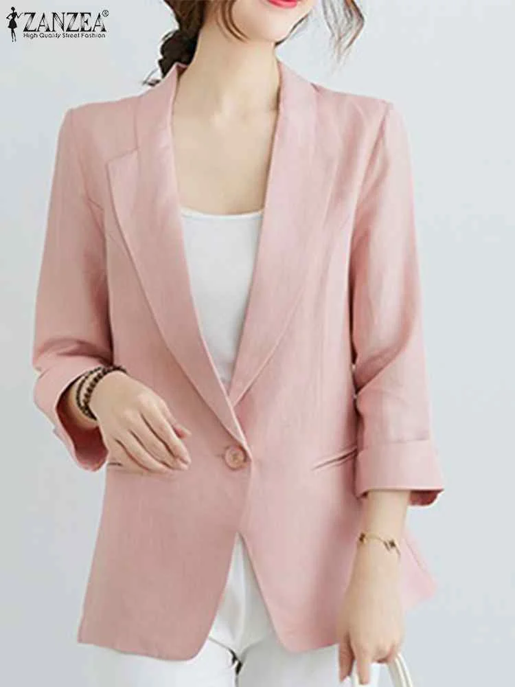 

ZANZEA Elegant Women Lapel Neck 3/4 Sleeve Blazer Suits Autumn Casual Solid Shirt Loose Cotton Tops Femininas Blusa Thin Blazer