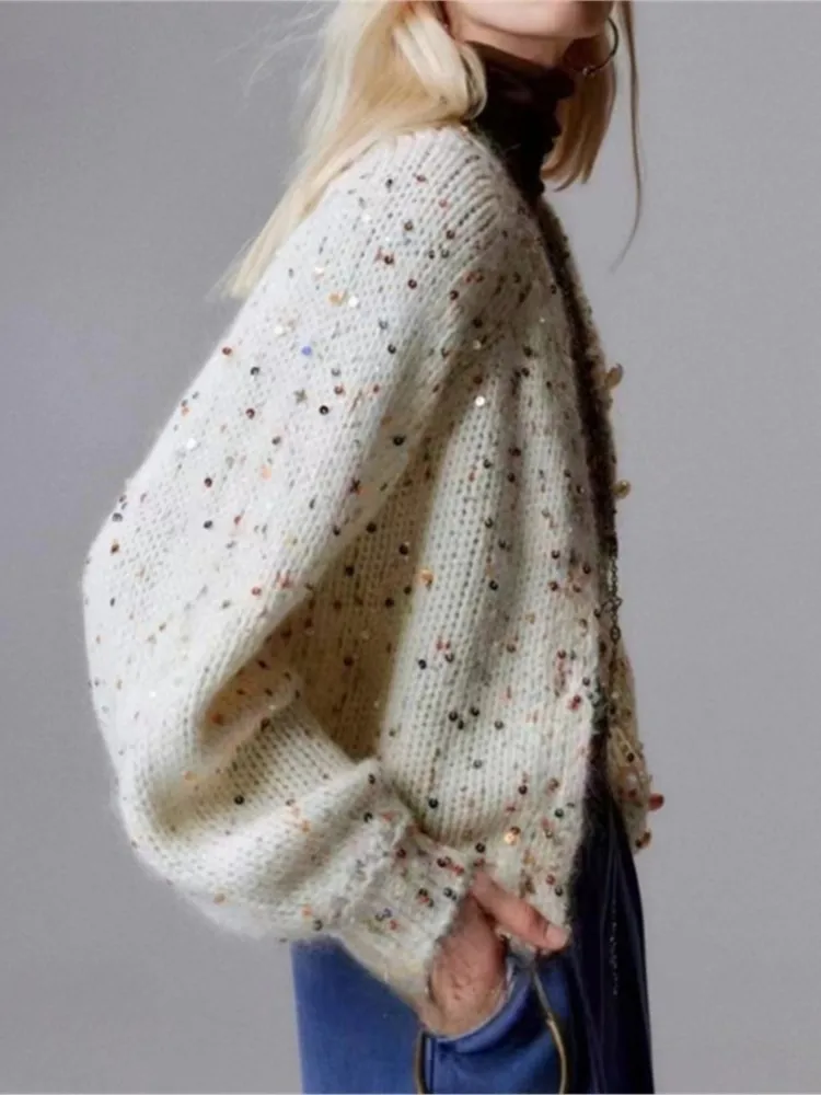 Вязаный кардиган с блестками в стиле ретро женский свитер на осень-зиму 2024 новый