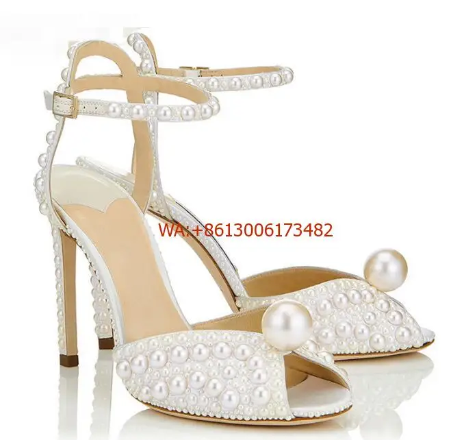 

Сандалии свадебные на высоком каблуке, босоножки с натуральным белым жемчугом, открытый носок, большие жемчужины, высокий каблук, белые