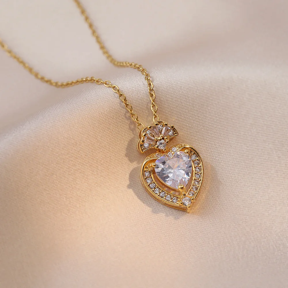 

Romantic Zircon Love Heart Pendant Necklace for Women Girls Trendy Shiny Stainless Steel Chain Gold Color Accessories Gifts