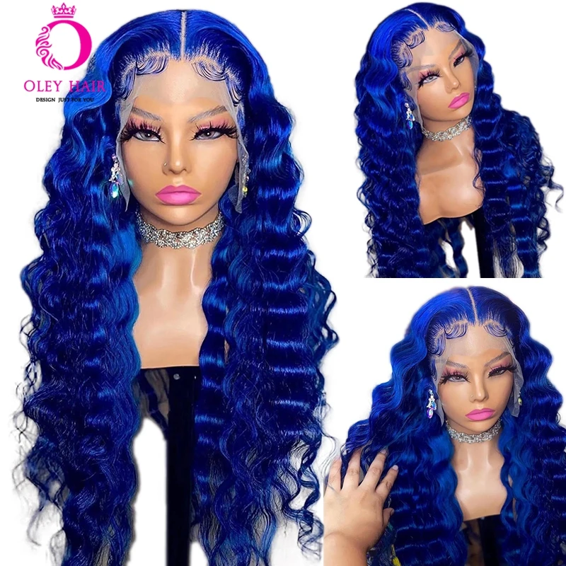 Sapphire Blue Colored Synthetic 13×4 Lace Front Loose Deep Wave Wig With Baby Hair 30 Inch Drag Queen Cosplay For Black Women
