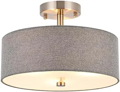 

Semi Flush Mount Ceiling Light Fixture, 13" Gold Drum Light Fixture, Modern Close to Ceiling Light with White Fabric Shade L