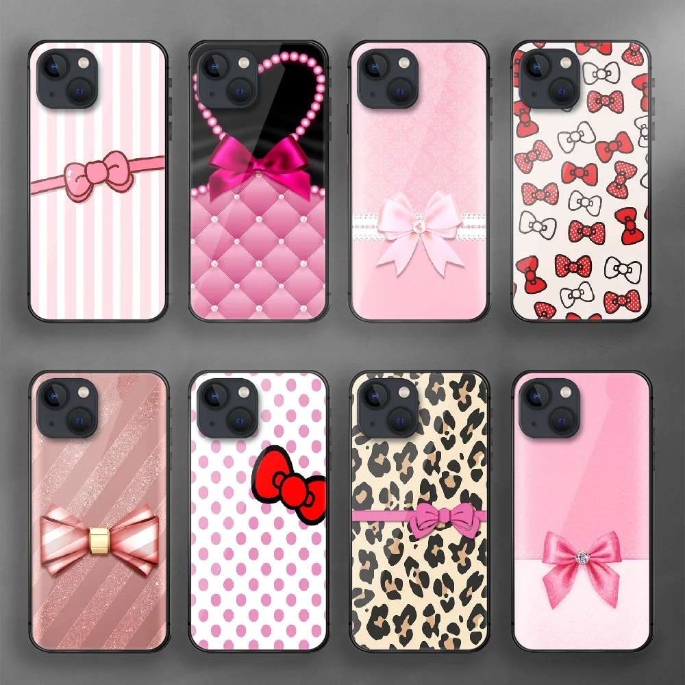 

Ribbon Bow Knot Girl Pink Tempered Glass Phone Case Cover For Iphone 7 8 11 12 13 14 Pro Max Plus Mini 6s X XS XR SE Black