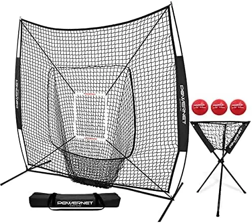 

DLX Combo 6 Piece Set for Baseball Softball | 7x7 Practice Net Bundle w/Strike Zone, Caddy + 3 Weighted Training Balls | Team o