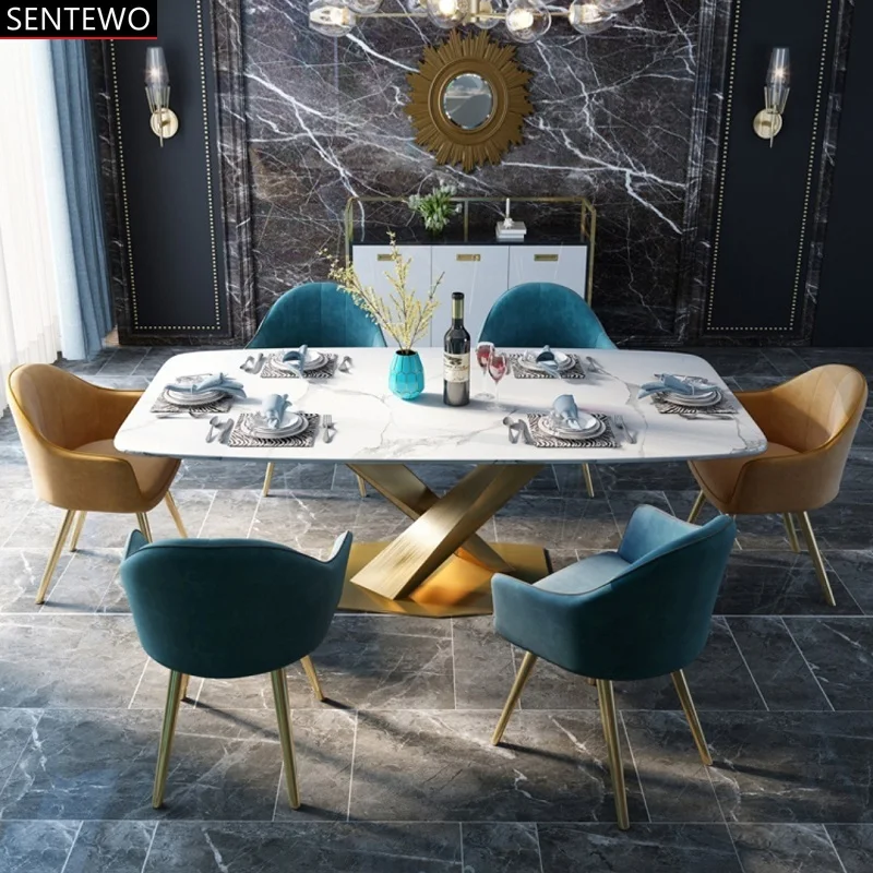 

SENTEWO Free Shipping Luxury Marble Dining Table Set 4 Chairs Italian Stainless Steel Gold Frame Tables Chair Classic Furniture