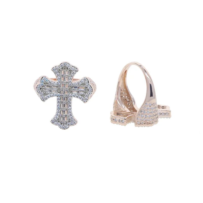 Iced Out Cubic Zircon Bling Cz Paved Розовое золото Цвет Крест Палец Кольцо Мода Мужчины Хип-Хоп