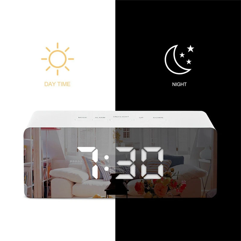 Digital Led Display Alarm Clock Usb Battery Operated Mirror 