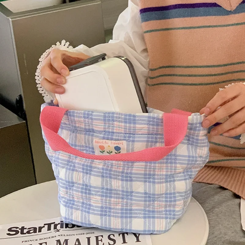 

Plaid Lunch Bag Women Thermal Big Capacity Drawstring Lunch Box Tote Food Bags Office Worker Portable Insulated Food Storage Bag