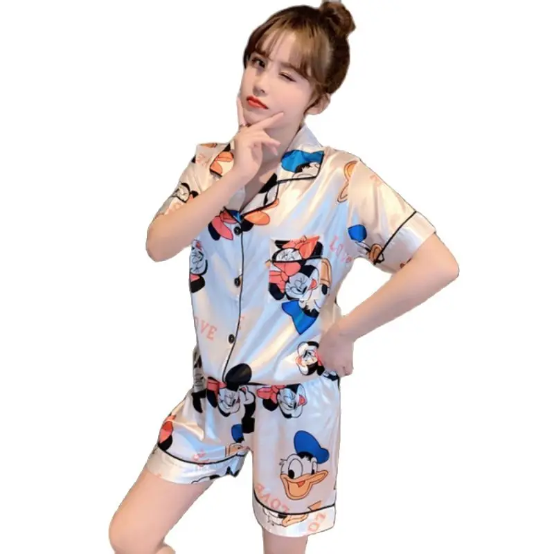 Disney Silk Mickey Pyjamas Woman Casual Short Sleeve Top and Shorts Homewear Ladies Loose Minnie Mouse Stain Sleepwear Sets