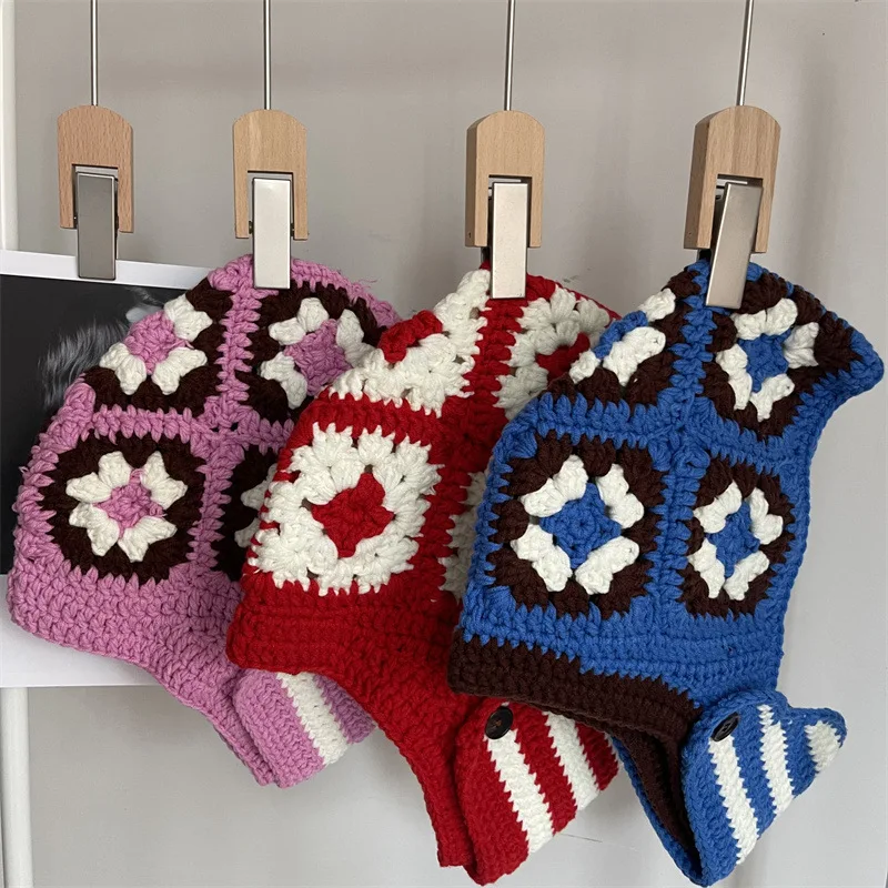 

Y2K Accessories New Women Crochet Mask Handmade Balaclava Warm Colorblock Ski Masks Gorras Outdoor Casual Skull Hat Beanie Cap