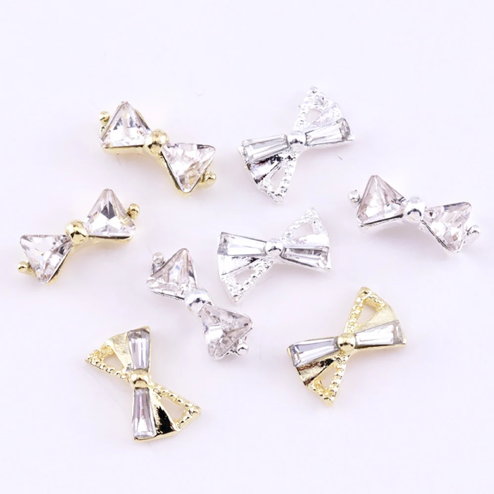 

10pcs/Bag 3d nail decoration bow tie gold and silver alloy base, nail charm rhinestones drop with zircon accessories