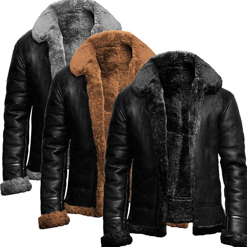 

Vintage Faux Fur Wool Liner Leather Jackets Men Winter Warm Long Sleeve Thick PU Coats For Mens Fashion Solid Color Lapel Jacket