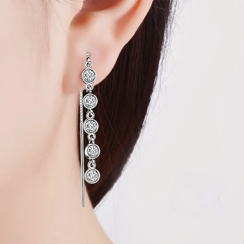 

Luxury 925 Sterling Silver Needle Geometric Long Tassel Circle AAA Zircon Crystal Drop Earrings for Women Sterling Plata Jewelry