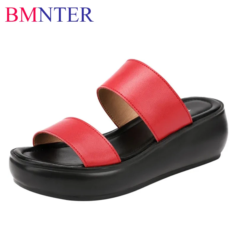 

Small Plus Size 32-43 Genuine Leather Platform Wedges Slippers Summer Shoes Woman 2023 Med Heels Slides for Office