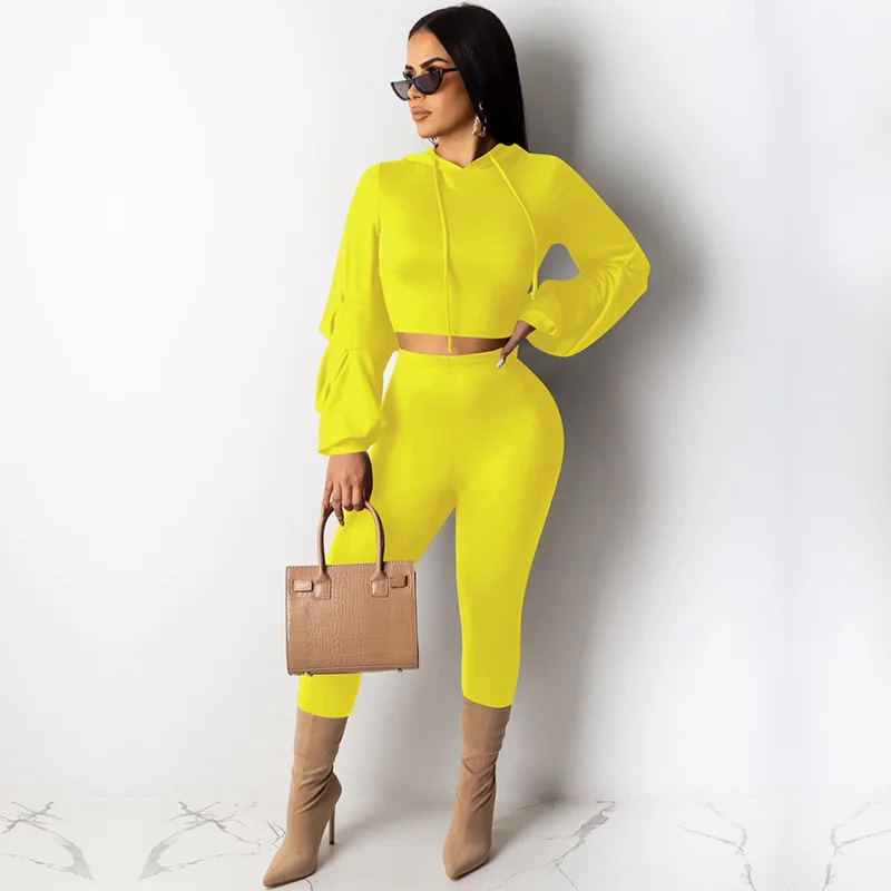 

Женский спортивный костюм из двух предметов, Желтый спортивный костюм с длинным рукавом, топ с капюшоном и брюки, уличная одежда на весну-ос...
