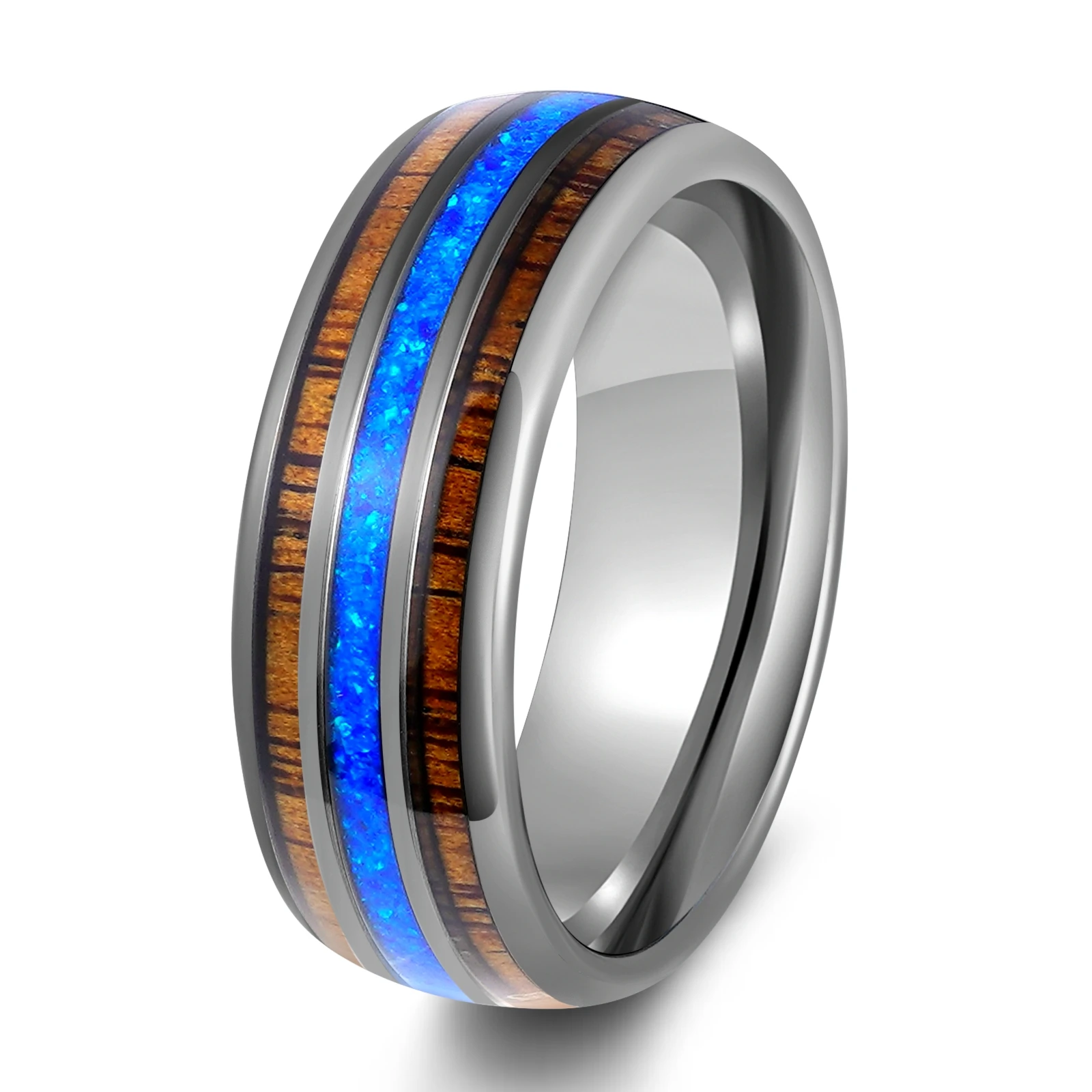POYA Кольцо из вольфрама с акацией и синим опалом 8 мм
