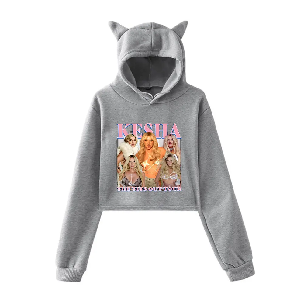 Фото Kesha Merch винтажная уличная одежда 90-х годов с логотипом, толстовки с капюшоном для девочек, укороченный модный спортивный пуловер с кошачьими ушками №3